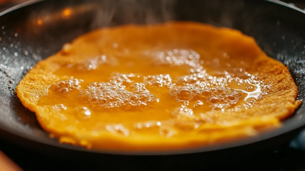 3 ingredient pumpkin pancake cooking in a pan