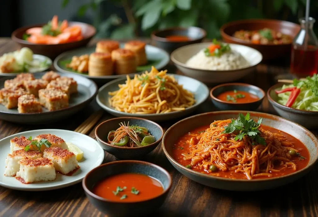 A beautifully arranged table with sushi, dim sum, pad Thai, biryani, and pho representing the diversity of Asian cuisine.