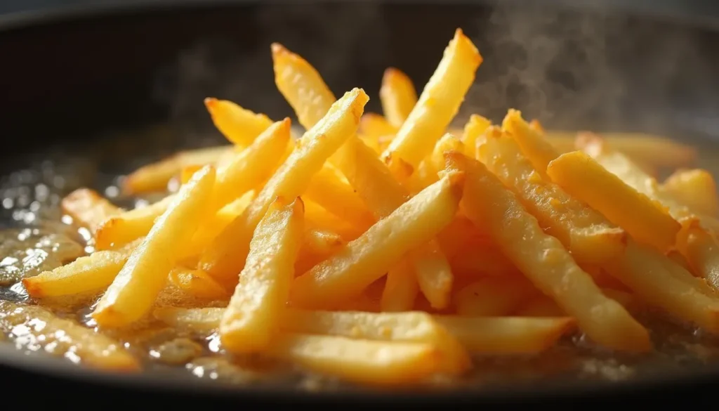 Sliced potatoes frying in oil, showing the process of making papas fritas.