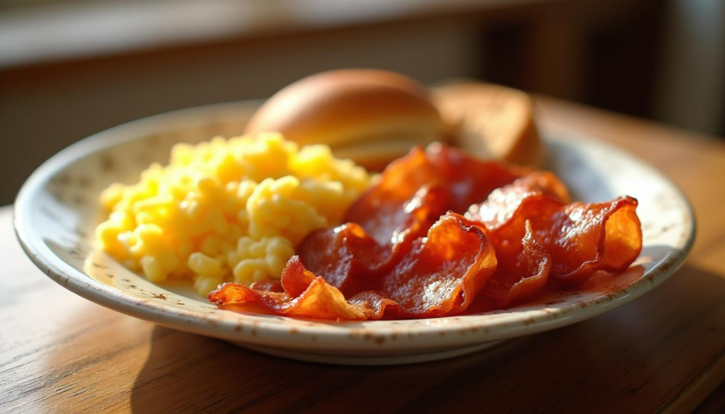 A breakfast plate with crispy bacon strips and scrambled eggs.