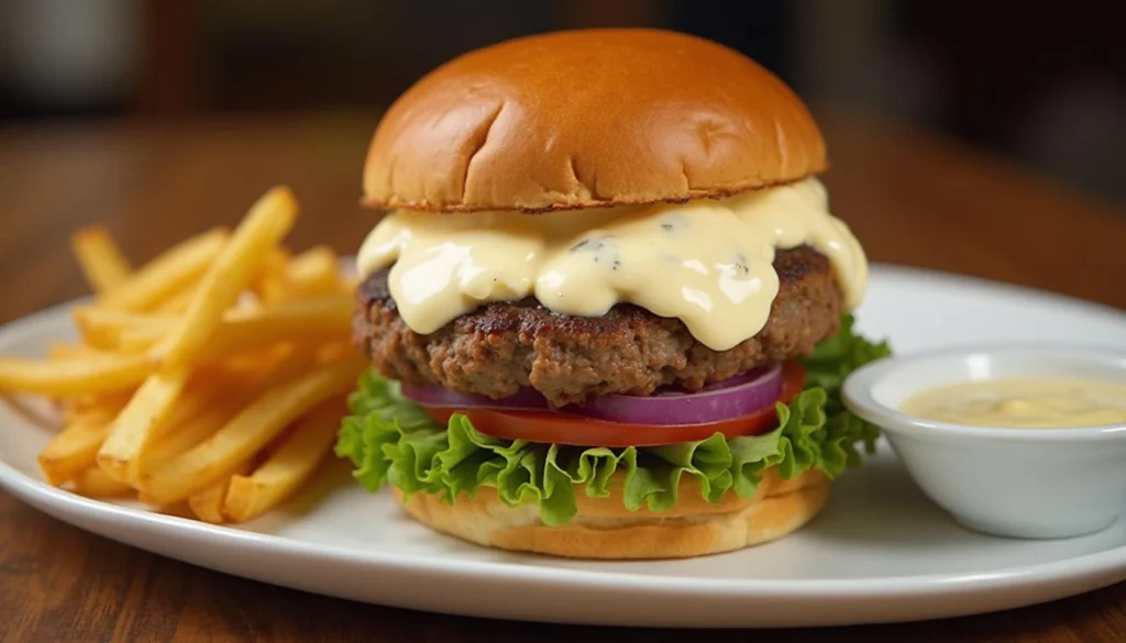 Burger topped with creamy cottage cheese sauce on a wooden board with fries.