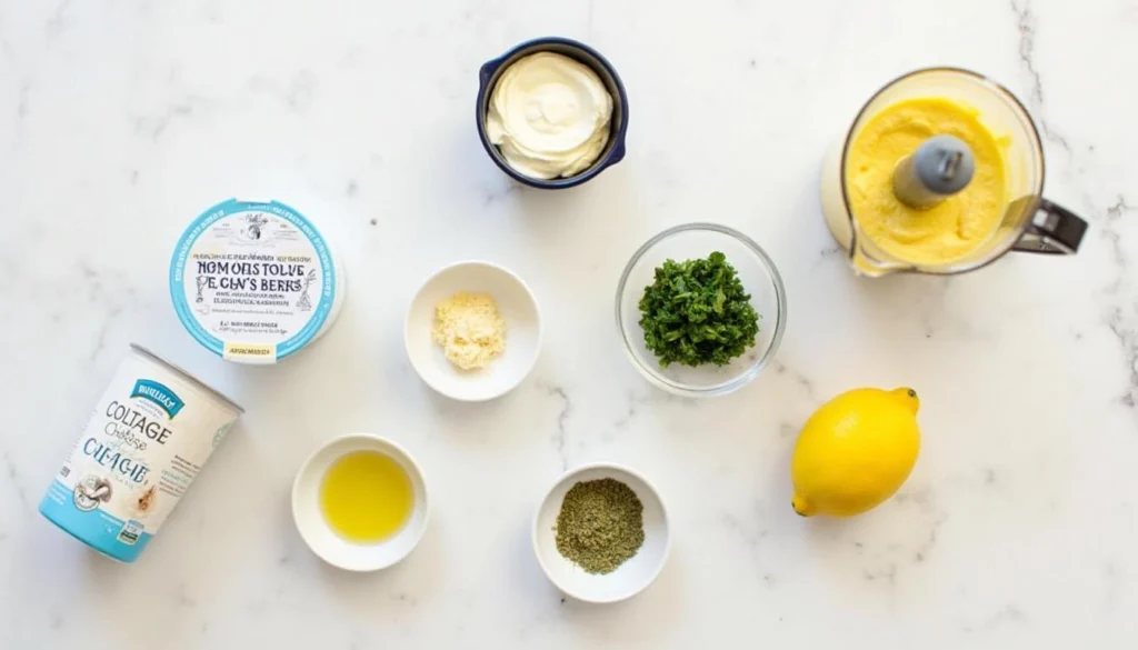 Ingredients for healthy cottage cheese burger sauce arranged on a countertop.