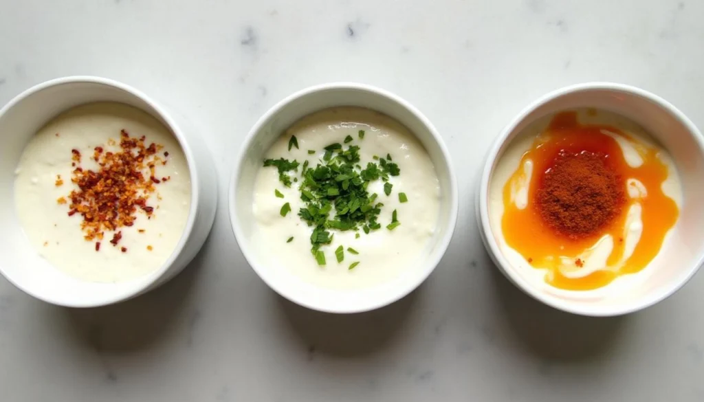 Three variations of cottage cheese burger sauce in small bowls: spicy, herb-infused, and smoky.